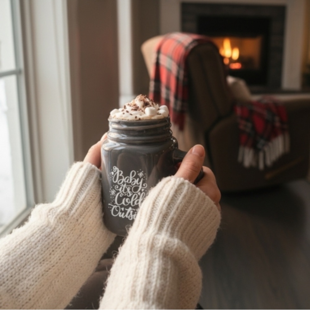 Cost Plus World Market 2 Grey Mug Mason Jug Shape Baby It’s Cold Outside ❄️🫙